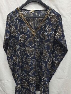 Women’s Navy Paisley V-Neck Tunic with Metallic Accents